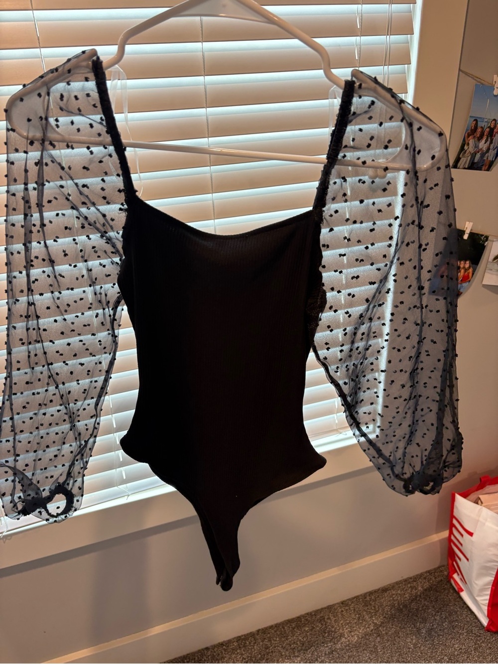 Altar'd State Black Polka-Dot Sheer Puff-Sleeve Bodysuit